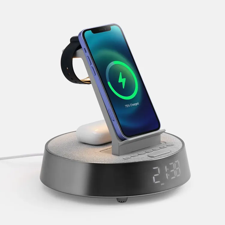 Bluetooth-колонка с беспроводной зарядкой и часами netEnergy, серая арт.16847.10